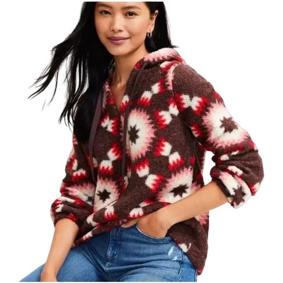 NWT LOFT Chocolate Brown, Red, Pink & Cream Sunburst Sherpa Hoodie - Picture 1 of 10